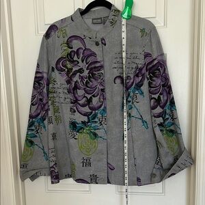 Chico's Additions Gray and Purple Blazer with Artistic Floral Design Chicos Sz 3